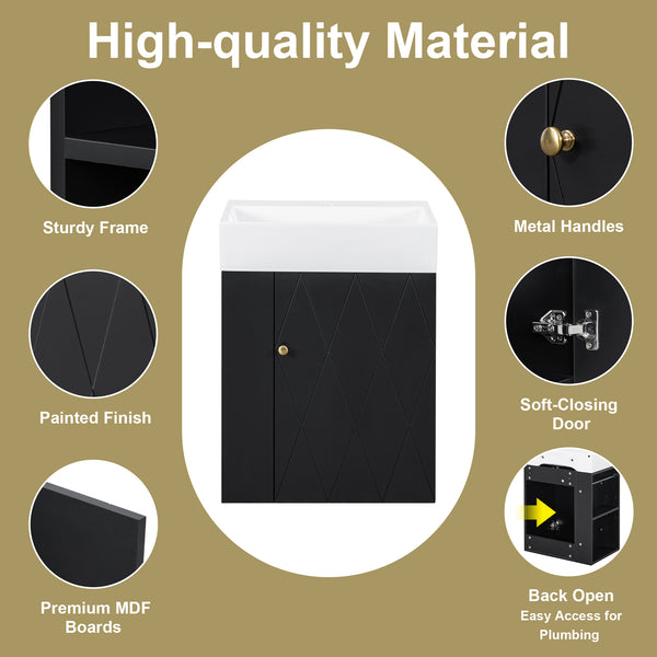 English Elm 20 Modern Wall-Mounted Bathroom Vanity with Ceramic Sink, Diamond Door, Gold Handles & Shelves — Compact Black N725P314033B