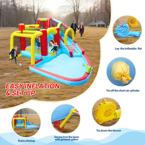 English Elm 7 in 1 Inflatable Backyard Water Park with Slide Splash Pool Climbing Wall and Bouncer W167790010