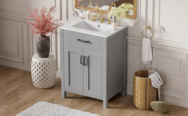 English Elm 24"Bathroom Luxurious Space-Saving Vanity with Ceramic Sink, Solid Wood Frame, Soft-Close Doors and Storage Grey N729P183716E
