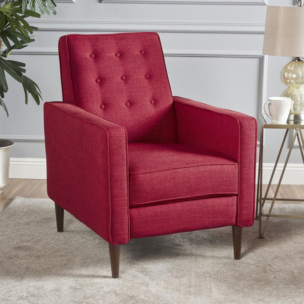 English Elm Christopher Knight Home® - Fabric Recliner Chair Mid-Century Modern Pushback Single Sofa with Tufted Cushion, Birch Legs, Cozy Comfort Red 60741.00RED