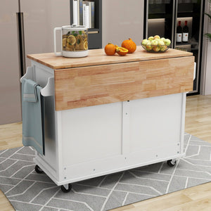 English Elm Kitchen Cart with Drop-Leaf Rubberwood Countertop, Sliding Barn Door, Locking Wheels & Storage Space White SK000001AAW