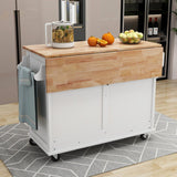 English Elm Kitchen Cart With Rubber Wood Drop-Leaf Countertop, Concealed Sliding Barn Door Adjustable Height,Kitchen Island On 4 Wheels With Storage Cabinet and 2 Drawers,L52.2Xw30.5Xh36.6 Inch, White