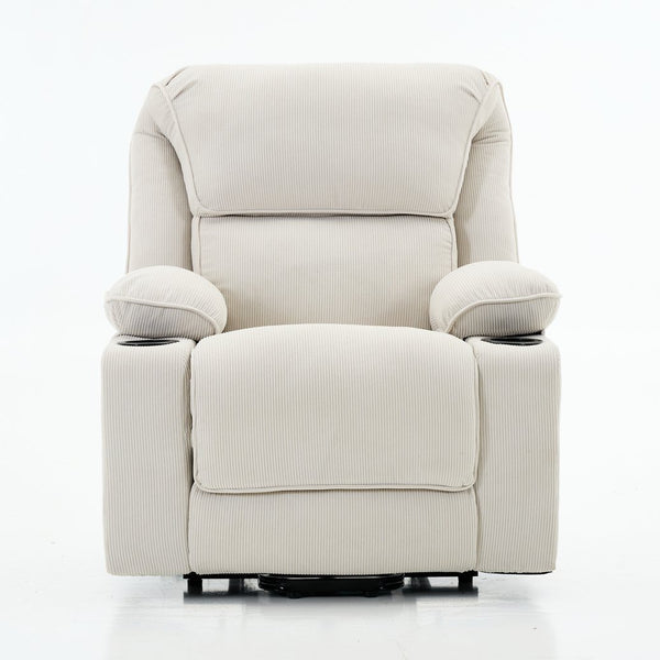 English Elm Ivory Corduroy Recliner with Heat, Massage & Assistive Lift — Remote Control, Cup Tray Comfort W570P320340