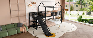 English Elm Full Metal House Bunk Bed with Slide Storage Stairs and Safety Rails for Kids W1580S00344