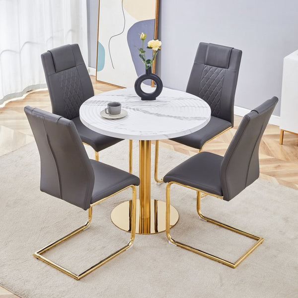 English Elm Table 5-Piece Set: Elegant 31.5-Inch Round Marble Dining Table With 4 Gray Pu Chairs & Gold Legs W1151S02493-GIGA