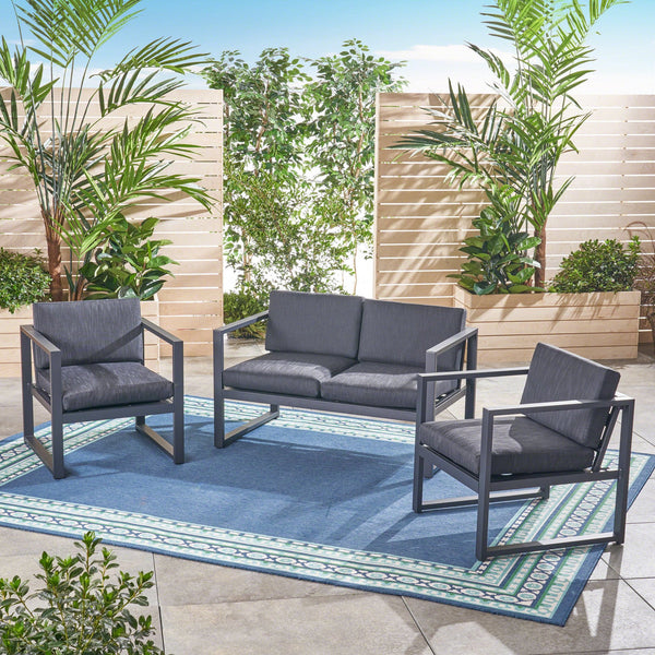 English Elm Christopher Knight Home® - NAVAN Dark Gray 3-Piece Outdoor Chat Set — Aluminum Frame, Compact 52.5"L x 31"W x 23.9"H Comfortable Seating 63056.00DGY