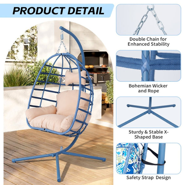 English Elm Egg Hanging Chair with Stand Pe Rattan Swing Seat Washable Cushion Patio Bedroom T5880P497434