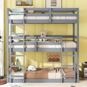 English Elm Triple Rubber Wood Bunk Bed with Built-In Ladders and Guardrails Maximizes Space for Families, Durable Design Grey W504S00174