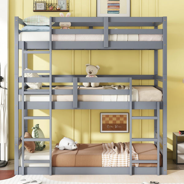 English Elm Triple Rubber Wood Bunk Bed with Built-In Ladders and Guardrails Maximizes Space for Families, Durable Design Grey W504S00174