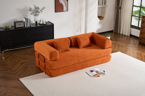 English Elm Convertible Sleeper Sofa Bed Corduroy 4-in-1 Folding Floor Couch with 35D Sponge Support and No-Assembly Orange W3434P378559