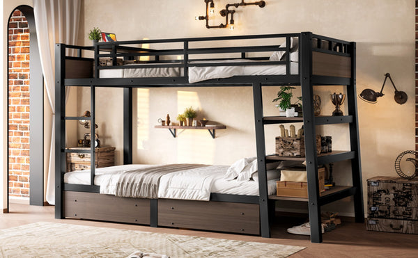 English Elm Full Size Metal Loft Bed with Stair Storage Shelves Bookshelf for Dorms Bedroom W1580S00346