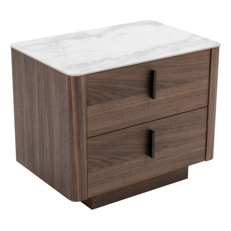 VIG Furniture Chelton Mid‑Century White Ceramic Top Nightstand With Walnut Veneer Pedestal, 2 Soft‑Close Drawers VGHB351U-WAL-NS