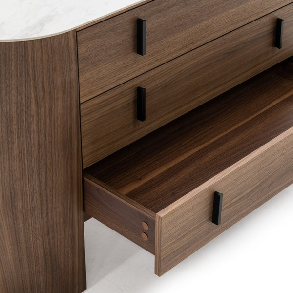 VIG Furniture Chelton Mid-Century White Ceramic Top Buffet With Walnut Veneer, Soft-Close Drawers & Black Handles VGHB351C-WAL-DRS