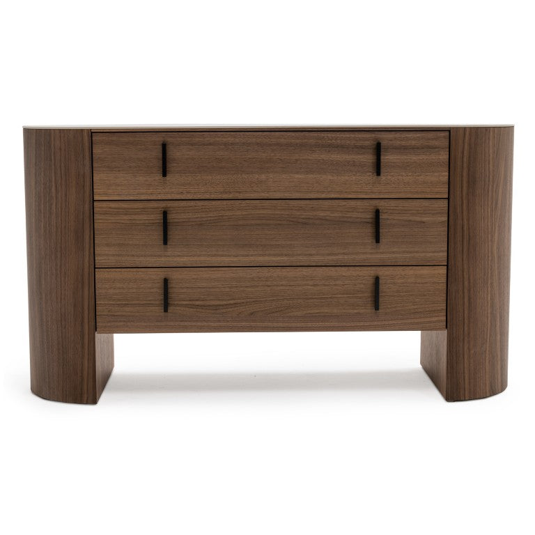 VIG Furniture Chelton Mid-Century White Ceramic Top Buffet With Walnut Veneer, Soft-Close Drawers & Black Handles VGHB351C-WAL-DRS