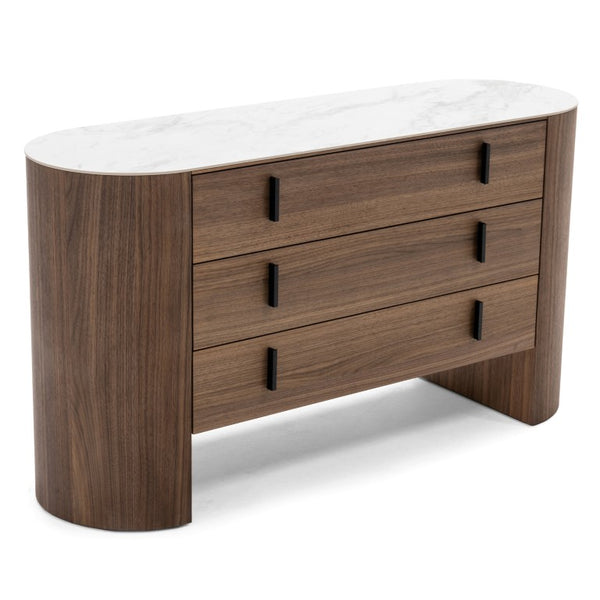 VIG Furniture Chelton Mid-Century White Ceramic Top Buffet With Walnut Veneer, Soft-Close Drawers & Black Handles VGHB351C-WAL-DRS