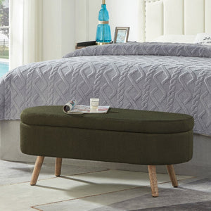 English Elm Luxury Boucle Oval Ottoman Bench with Hidden Storage Rubberwood Legs Entryway Seat Dark Green W2186P430721