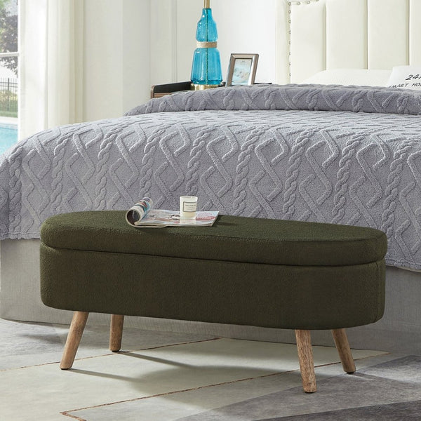English Elm Luxury Boucle Oval Ottoman Bench with Hidden Storage Rubberwood Legs Entryway Seat Dark Green W2186P430721