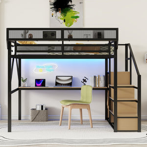 English Elm Queen Metal Loft Bed with Desk Stairs Rgb Lighting and Built-in Charging Station W2580S00053