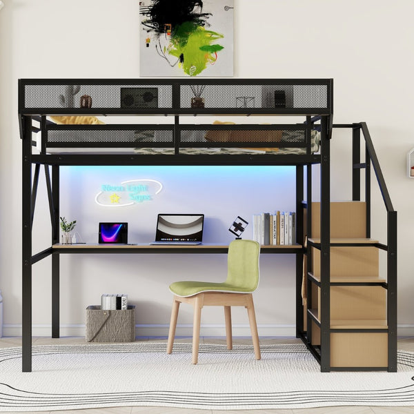 English Elm Queen Metal Loft Bed with Desk Stairs Rgb Lighting and Built-in Charging Station W2580S00053