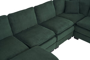 English Elm Modern U Shaped 6-Seat Sectional Sofa with Ottoman and 3 Toss Pillows, Corduroy Modular Comfort and Durable Frame Green W2363S00042
