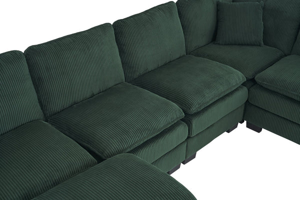 English Elm Modern U Shaped 6-Seat Sectional Sofa with Ottoman and 3 Toss Pillows, Corduroy Modular Comfort and Durable Frame Green W2363S00042