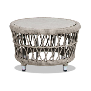 English Elm Jennifer Taylor Home - Everly Handwoven 21.5" Round Patio Coffee Table Light Beige Olefin UV‑Resistant Glass/Stone Top Durable Frame B2719P318946