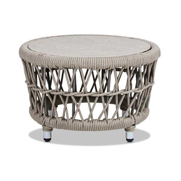 English Elm Jennifer Taylor Home - Everly Handwoven 21.5" Round Patio Coffee Table Light Beige Olefin UV‑Resistant Glass/Stone Top Durable Frame B2719P318946