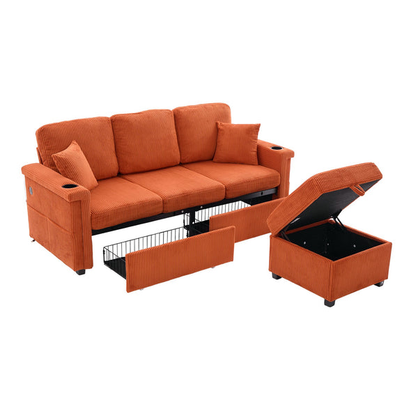 English Elm UNITED Corduroy L-Shaped Sectional Sofa with Storage Ottoman, USB Ports, Cup Holders & LED Lighting Orange W1568P332402