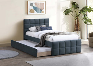 English Elm Contemporary Full Upholstered Trundle Bed Brushed Linen Grid Stitch Low Profile Frame Charcoal B011S02067