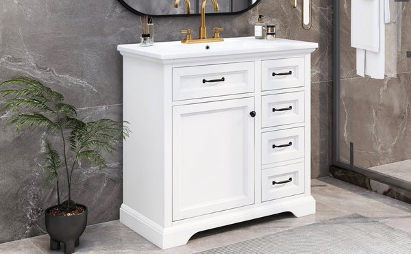 English Elm [video] 36 Inch Freestanding Bathroom Vanity Rubberwood Cabinet with Ceramic Sink Storage White N759P313315K