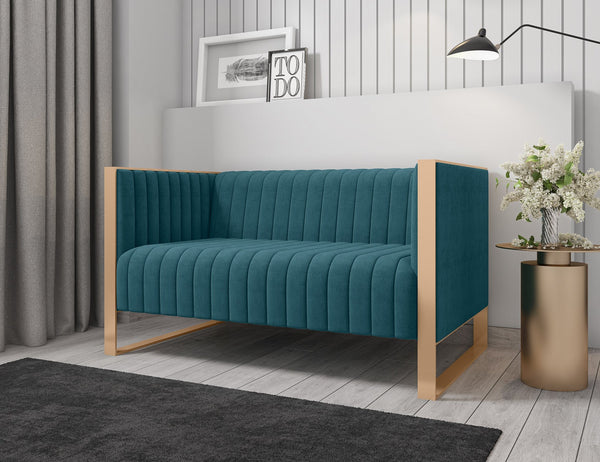 English Elm Trillium Velvet Loveseat with Gold Stainless Steel Frame, Vertical Stitching & High-Density Foam Upholstery Teal B365P398093