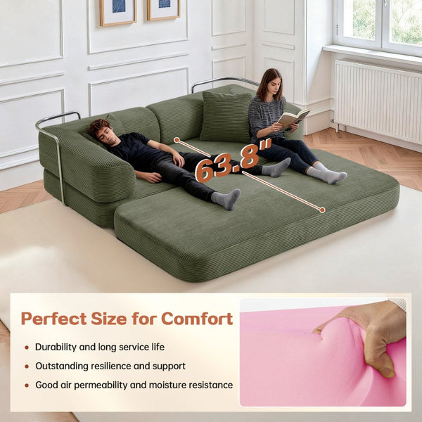 English Elm Floor Sofa Bed Modular Corduroy Convertible Lounge with Steel Frame for Living Room Antique Green W3565P397194