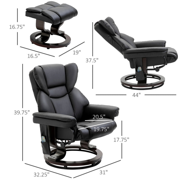 English Elm Homcom Massage Recliner Chair With Ottoman, 10 Vibration Points, 360° Swivel, Faux Leather Comfort W2225P217951