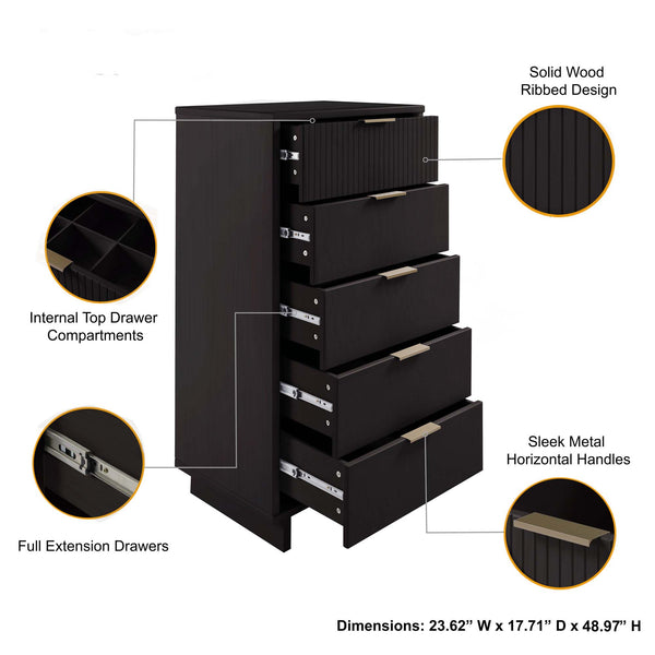 English Elm Granville 5-Drawer Modern Chest In Black With Gold Accents For Stylish Storage & Organization B365S00069