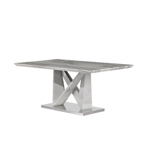 English Elm CAROLINE Grey Dining Table with Marble-Look Top, Silver Finish Pedestal Base Seats Up to 6, Modern Elegance B201S00242