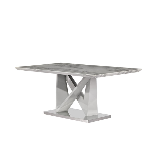 English Elm CAROLINE Grey Dining Table with Marble-Look Top, Silver Finish Pedestal Base Seats Up to 6, Modern Elegance B201S00242