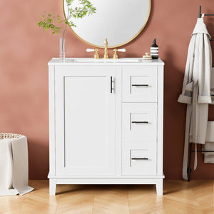 English Elm 30-inch Modern Bathroom Vanity with Ceramic Basin, Rubberwood Frame, Soft-Close Drawers & Organized Storage White N729P290689K
