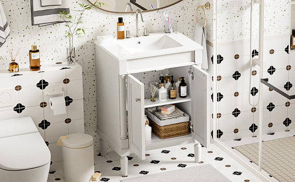 English Elm 24'' Modern Bathroom Vanity with Ceramic Basin, Solid Wood Frame, Soft-Close Doors, Ample Storage White N710P190503K