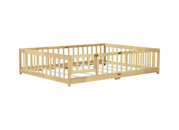 English Elm Full Size Floor Bed With Safety Guardrails, Eco-Friendly Rubber Wood, Minimalist Design & Easy Access W504P286380
