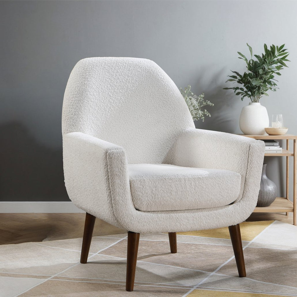 English Elm Prince Mid-Century Boucle Arm Chair White — Vintage Italian-Inspired Curved Accent Seat with Solid Wood Legs, Foam-Coil Comfort (31x31x29) B050P229961