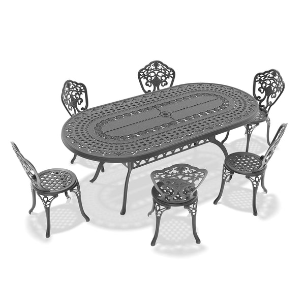 English Elm 7-Piece All-Weather Cast Aluminum Dining Set - Stylish Black Frame For Outdoor Comfort & Durability W1710S00251