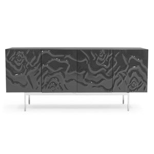 VIG Furniture Gwen Luxe Grey High-Gloss Buffet With Sculptural Rose Petal Front, Soft-Close Doors & Stainless Legs VGVCG2007-GS-GRY-BUF