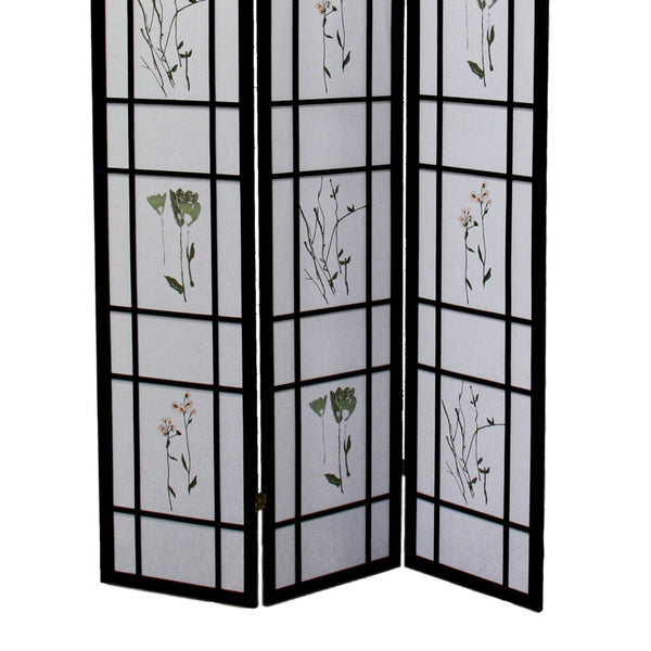 English Elm 70" Tall Shoji Room Divider - Elegant 3-Panel Screen In Black With Floral Design For Stylish Spaces B072115964