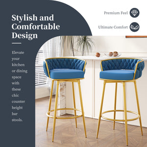 English Elm Christopher Knight Home® - Swivel Counter Height Bar Stools Set of 2 with 180° Turn, Hand-Woven Back, Gold Frame, Velvet Comfort Blue N762P216979C