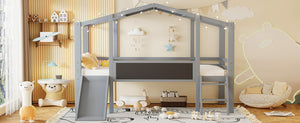English Elm Twin House Loft Bed with Slide Chalkboard Panel and Led Roofline for Kids Gray WF324323AAE