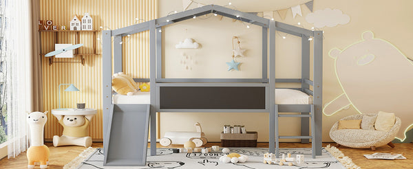 English Elm Twin House Loft Bed with Slide Chalkboard Panel and Led Roofline for Kids Gray WF324323AAE
