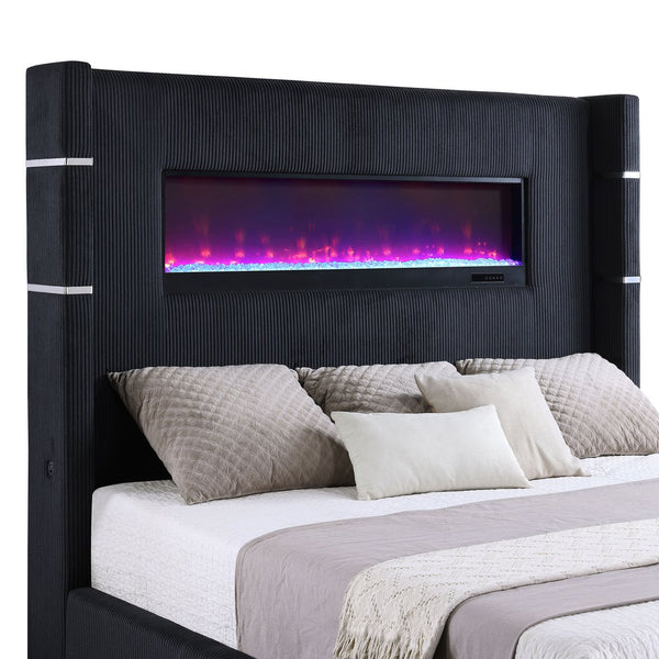 English Elm Judah Black Upholstered Queen Bed With Wingback Design & Remote-Controlled Flame Visualizer Display B062P375548