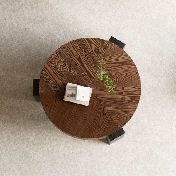 English Elm 33'' Round Coffee Table Parquet Veneer Flip Top Hidden Storage Wabi-sabi Living Room Walnut+Black W1435P419321