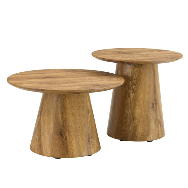 English Elm Nested Round Coffee Table Set Two Piece Wood Grain Veneer for Living Room or Office W2920S00112