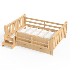 English Elm Twin Kids Platform Bed with Trundle Staircase Bookshelf and Rounded Safety Rails Light Natural W1580S00541
